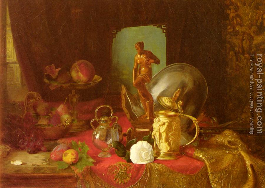Blaise Alexandre Desgoffe : Still Life with Fruit, Objets d'Art and a White Rose on a Ta
